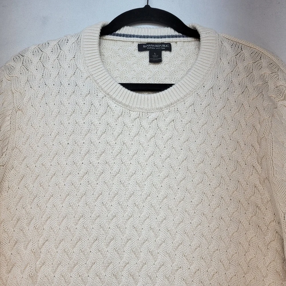 Banana Republic Sweater Mens L Ivory Honeycomb Cable Knit Supima Cotton Crewneck
